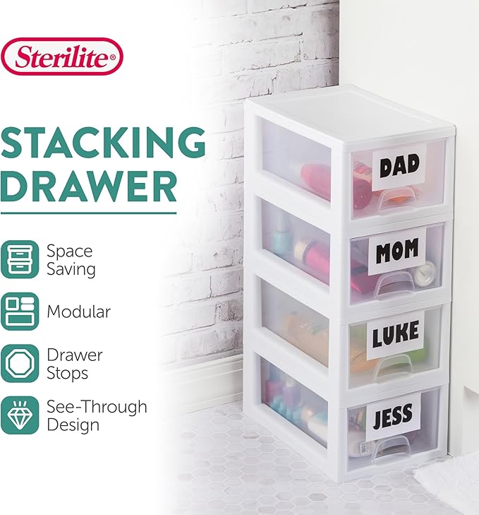 Sterilite 24-Pack 6 Quart Stacking Drawer, Clear Storage Closet Organizer, White Frame - Stackable Modular Plastic Drawers for Clothes, Accessories, Craft Supplies, Shoes or Linens
