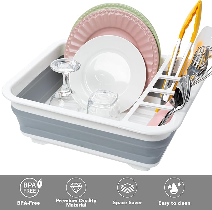 Tiawudi Collapsible Dish Drying Rack, Pop Up Dinnerware Drainer, Portable Plate Organizer for Kitchen RV Campers Travel Trailer, Space Saving Kitchen Storage Tray