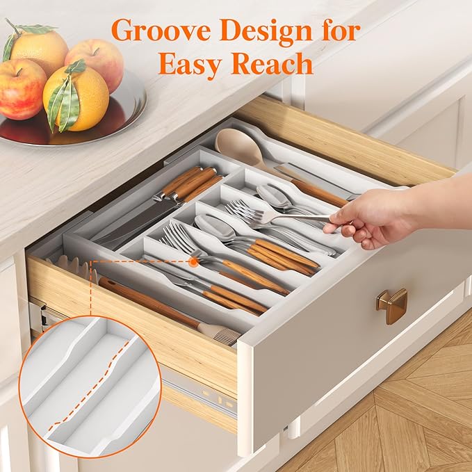 Lifewit Silverware Drawer Organizer, Expandable Utensil Tray for Kitchen, Flatware and Cutlery Holder, Wood Adjustable Storage for Spoons Forks Knives, 13-22x15/ 33-56x38cm, White