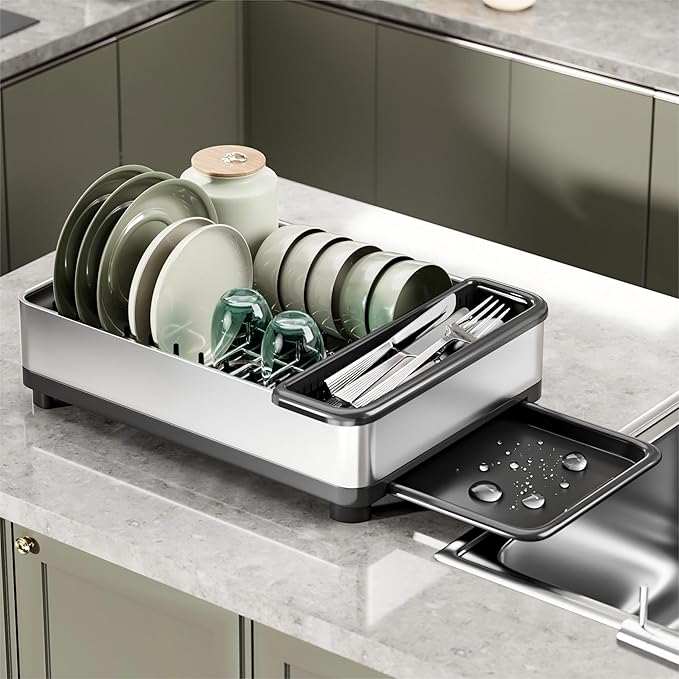 Dish Drying Rack, 304 Stainless Steel Dish Racks for Kitchen Counter, Dish Drainers with Automatic Drainage, Utensil Holder & Cups Holder, Space Saving Kitchen Organizer (1-Tier Silver)