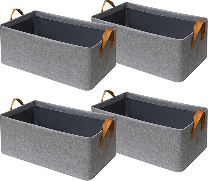 SNWDN 4 Pack Closet Cloth Storage Bins for Shelves,Medium Storage Baskets for Shelves, Fabric Bins for Closet organization with Handles（ Gray 15''L x 10''W x 8''H）