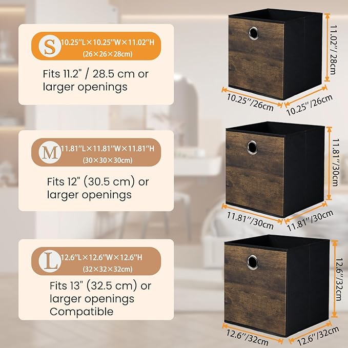 Thickened Fabric Storage Bins with Wood Grain,Foldable Storage Cubes Decorative Boxes,Sturdy Cube Organizer Basket for Shelves,Closet,Home,Office, Nursery,Dorm,Brown with Black,3 Pack (10.2x10.2x11in)