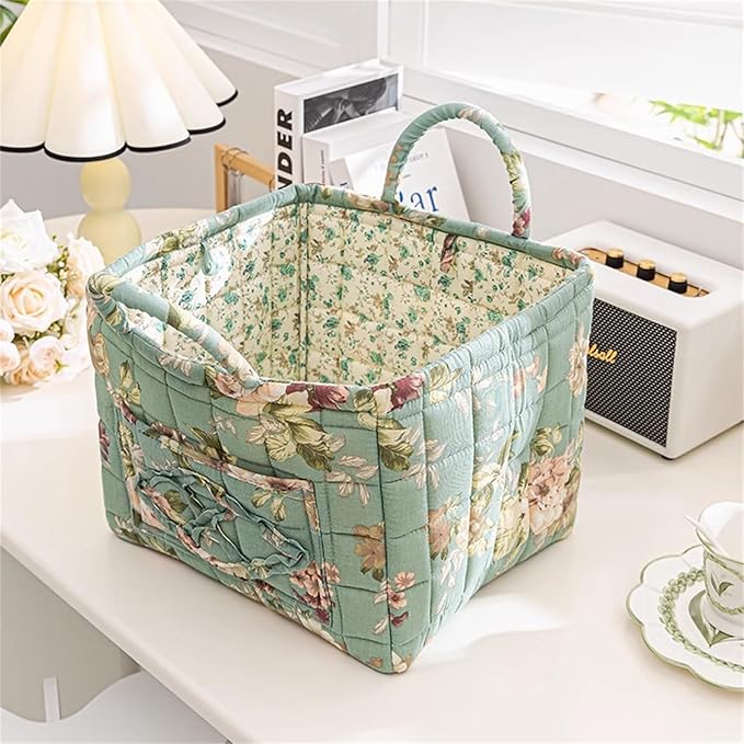 Boho Fabric Storage Basket, Large Capacity Laundry Basket, 12.2'' x 10.23'' x 10.23'' Collapsible Laundry Hamper with Easy Carry Handles (Green, L)