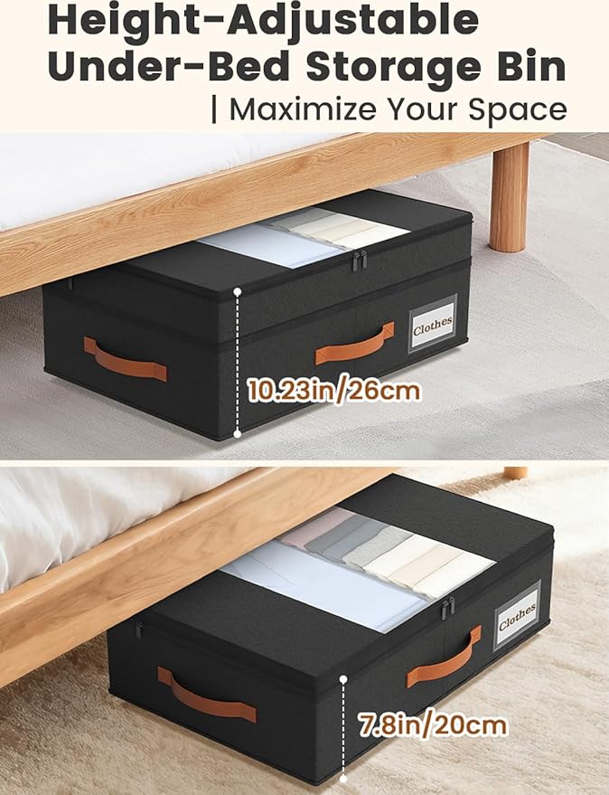 2-Pack Under Bed Storage with Wheels and 6 Vacuum Seal Bags, Adjustable Height 7.9"-10.2",63L Clear Lid Expandable Organizer for Bedding Blankets Clothes Shoes Toys,Space Saving Quick Assembly, Black