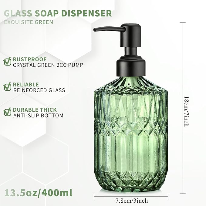 Green Glass Soap Dispenser with Black Rust Proof Pump Refillable for Kitchen Dish Soap Bathroom Hand Soap Lotion and Body Wash