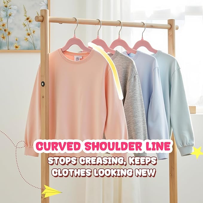 Korpai 50 Pack Kids Velvet Hangers 14 Inch, Non-Slip, Ultra Slim,Space-Saving Kids Hangers with 360° Swivel Hook, 7LBS Capacity, Kids Clothes Hangers Ideal for Childrens' Dresses/Shirts/Coats,Pink