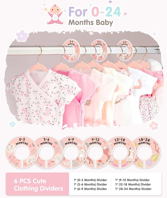 VIS'V Baby Hangers, 11 Inch Velvet Kids Hangers with 6 Pcs Clothes Size Dividers, Infant Toddler Nursery Closet Organization, Non Slip, Pink, 50 Pcs