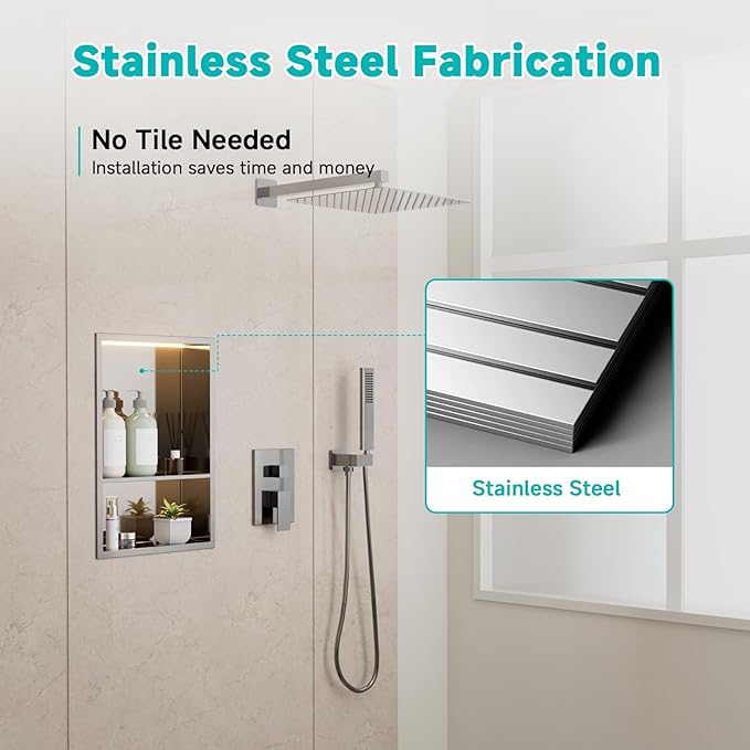 TSIBOMU Stainless Steel LED Lights Shower Niche 12" x 18" – Recessed 2-Tier Shower Shelf, 12"x12" Upper & 12"x6" Lower Storage, Modern Bathroom Wall Niche (Brushed)
