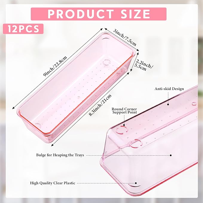 Maitys 12 Pcs Clear Drawer Organizer 9 x 3 x 2 Inches Plastic Rectangle Trays Makeup Vanity Storage Bins and Kitchen Drawers Dividers for Office Desk Silverware Kitchen Utensils(Pink)