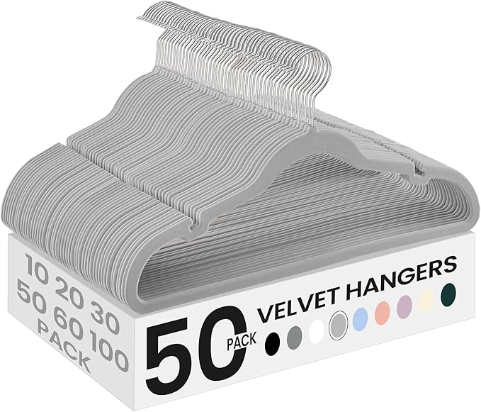 SONGMICS Velvet Hangers 50 Pack, Non-Slip Clothes Hangers, Suit Hangers with Shoulder Notches, Pants Bar, 360° Swivel Hook, Space-Saving, for Closet, Dove Gray UCRF029G50