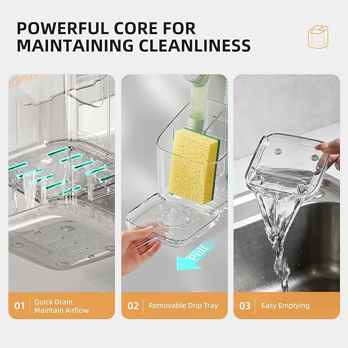Minimalist Sponge Holder for Kitchen Sink, 3 Slots Sink Caddy with Removable Divider and Drip Tray, Clear PET Countertop Organizer to Free up Kitchen Sink Space