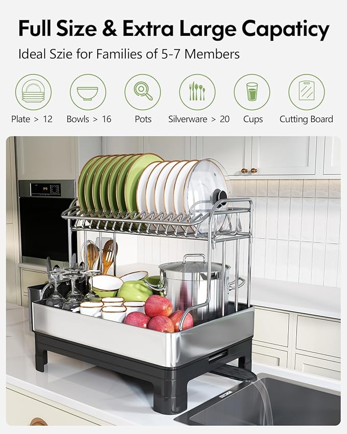 Extra Large Two Tier Stainless Steel Dish Drainer Drying Rack with Drainboard for Kitchen Counter, Modern Black and Silver, Rust Proof Metal, Space Saving Double Countertop Big Plates Dryer and Tray