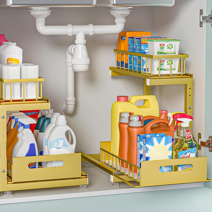 Under Sink Organizer, 2-Tier Premium Metal Pull-Out Racks with Adjustable Height, Heavy Duty Sliding Bin for Bathroom and Kitchen Cabinet Storage, Rust Resistant 2 Pack
