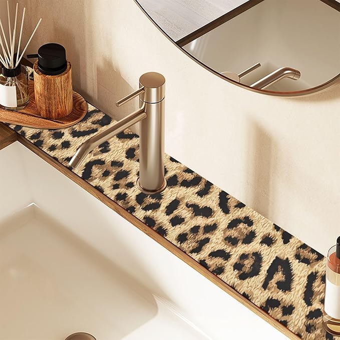 Kitchen Sink Splash Guard 2 PCS 30 Inch Sink Faucet Mat Splash Guard for Bathroom Countertop Water Absorbent Foldable Cuttable Soft Washable Classical Leopard Print