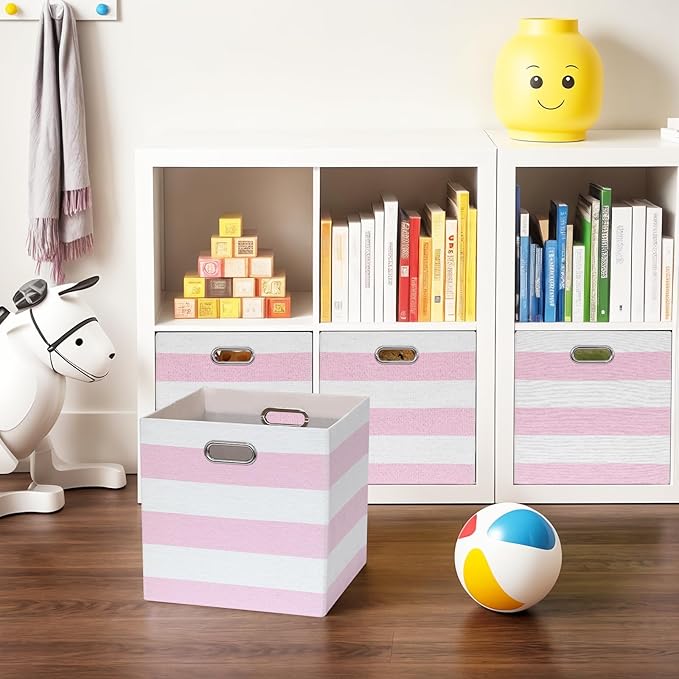 13x13x13 Storage Cube Bins, Foldable Storage Cubes Cubby Baskets Organizer Cloth Bins for Cube Storage Organizing Shelf Closet, Pack of 4, Pink/White Stripe