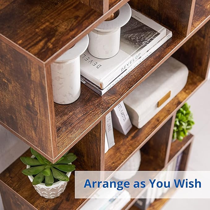 Cozy Castle Set of 2 Geometric Bookcase, S-Shaped Modern Bookshelf, Room Divider Bookshelf, 62" Tall Unique Abstract Bookcase with 5-Tier Display Shelf for Living Room Office, Rustic Brown
