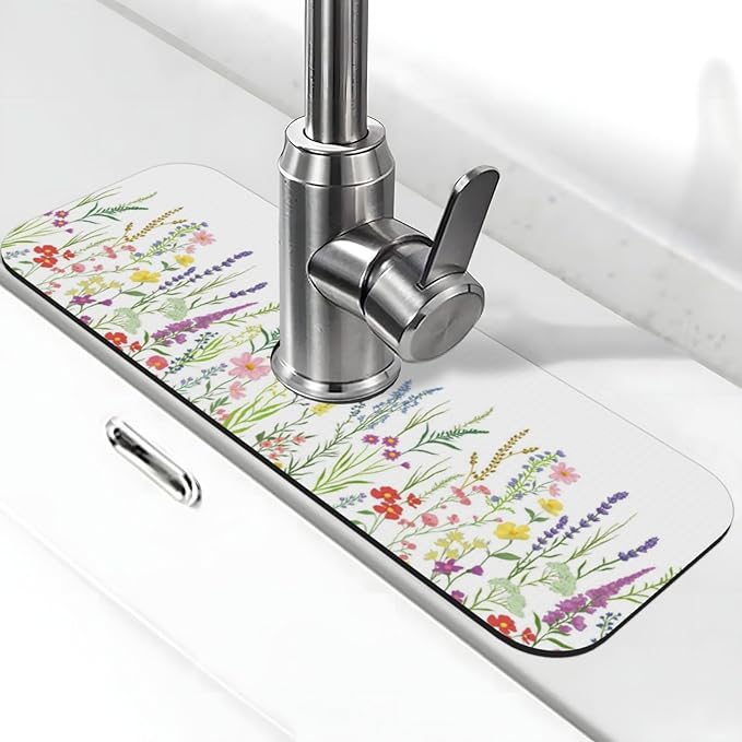 Wildflowers Floral Flower Kitchen Sink Splash Guard Faucet Mat Super Absorbent Fast Drying Mat Sink Gadgets-Fast Drying Pad Sink Mat For Kitchen Bathroom (15" X 5.5" )