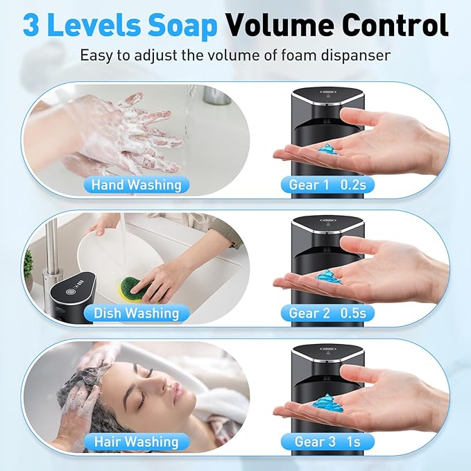 Automatic Soap Dispenser,Touchless Hand Wall Mount Rechargeable 3 Gear Adjustable Electric Soap Dispenser 350ml with Infrared Motion Sensor for Bathroom,Kitchen,Office, Black Gel