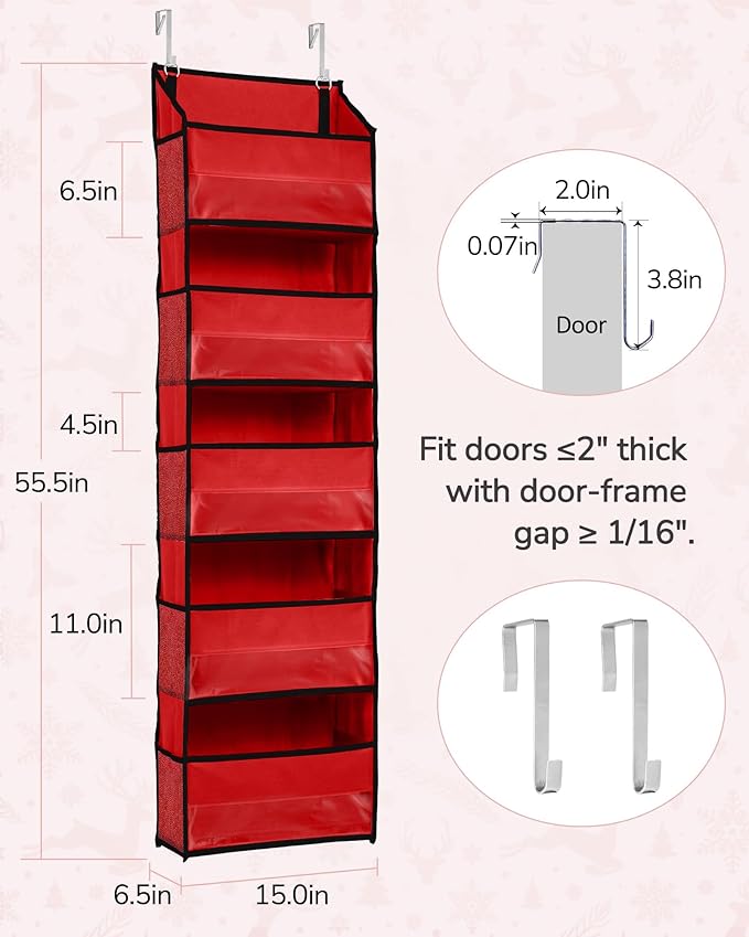 ULG 1 Pack Over The Door Organizer – 5 Shelf Door Organizer Hanging & 10 Side Pockets, Reinforced 44LB Capacity Hanging Organizer, Behind The Door Storage for Bedroom, Nursery, Christmas (Red)