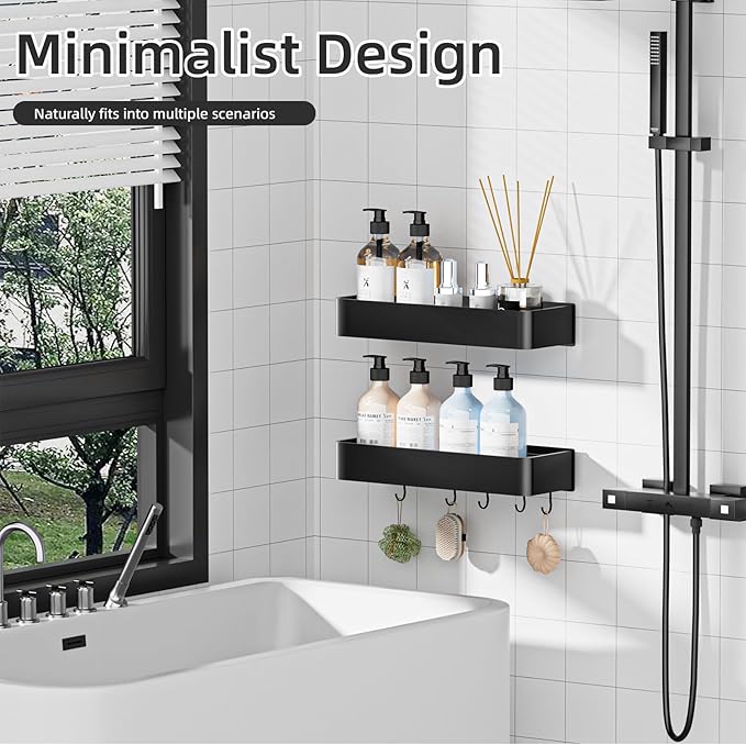 Shower Caddy Adhesive, No Drill Rustproof Bathroom Shelf, 2 Pack Large Capacity Aluminum Shower Shelves, Shower Organizer Rack with 5 Removable Hooks,Black