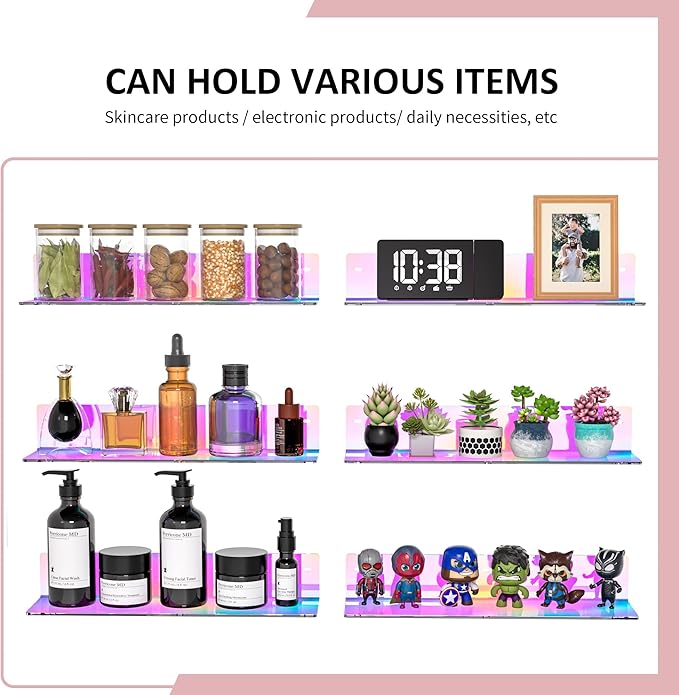 16 Inches Iridescent Acrylic Shelves, Wall Mounted Organizer Shelves for Bedroom, Clear Wall Storage Shelves for Cosmetics, Skincare, Router, Doll, Toiletries, Helmets, 2 Pack