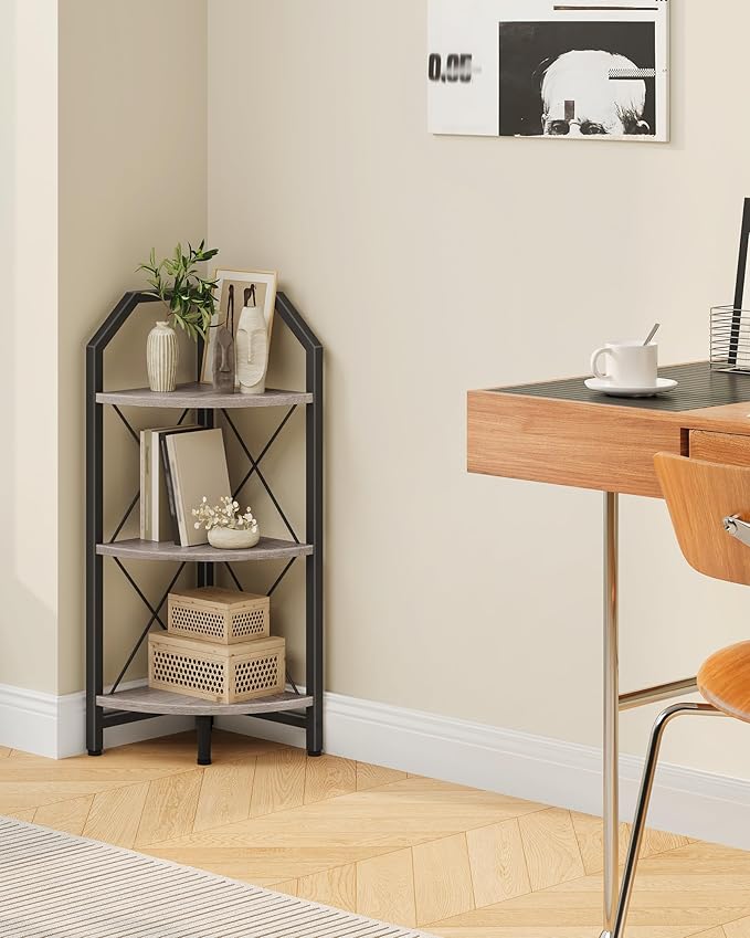3-Tier Corner Shelf, Industrial Corner Bookshelf, 35.4" Storage Stand, Plant Stand Display Shelf, Bookcase for Bedroom, Living Room, Home Office, Greige and Black TCJ03BG