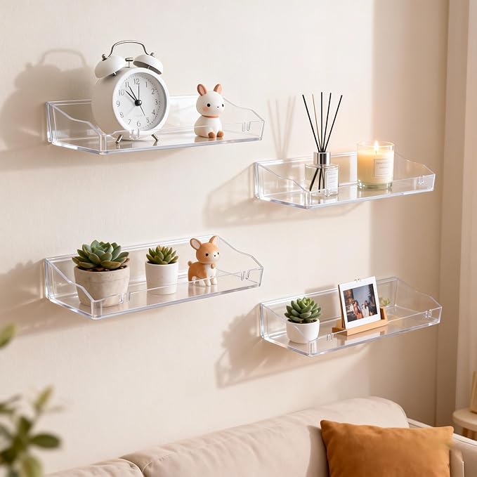 Clear Floating Shelves, Acrylic Shelves for Bathroom Organizers and Storage, Bathroom Shelf with Adhesive Shelf or Screws, Wall Mount Organizer for Shower Caddy,Room Decor, Kitchen, Living Room