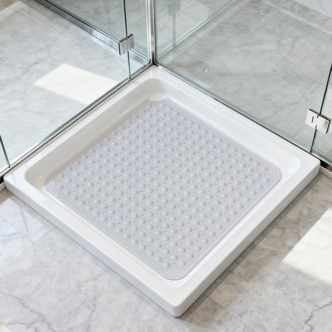 OTHWAY Square Shower Mat 32x32, TPE Non-Slip Shower Mats with Drain Holes and Suction Cups, Walk-in Mat for Inside Shower Stall, Anti-Slip for Elderly Kids (Light Grey)