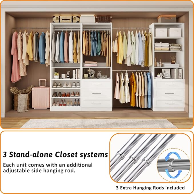 Closet System With 3 Sets, 6–16 Ft Closet Organizer System With 6 Drawers, Walk-In Closet With 9 Shelves & 5 Adjustable Hanging Rods, Customizable Modular Closet Kit, White
