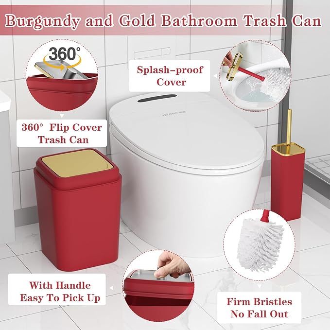 Dark Red Bathroom Accessory Set, 9-Piece Burgundy Bathroom Set with Trash Can, Toothbrush Holder, Toothbrush Cup,Soap Dispenser,Soap Dish,Toilet Brush Holder,2 Qtip Holder Dispensers and Tray