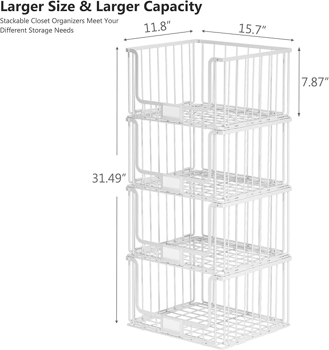 4-Tier Stackable Closet Organizers and Storage, Clothes Shelf Organizer, Foldable Wire Basket Bins, Sweater Storage for Closet and Pantry,11.8" D x 15.7" W, White