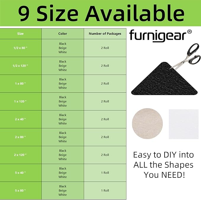 Felt Strips with Adhesive Backing – Furnigear Heavy Duty Cuttable Felt Tape Roll Furniture Pads for Chair Legs - Protecting Hardwood Floors, Chair Wall Protector (White, 120 x 1 x 0.14 Inch)