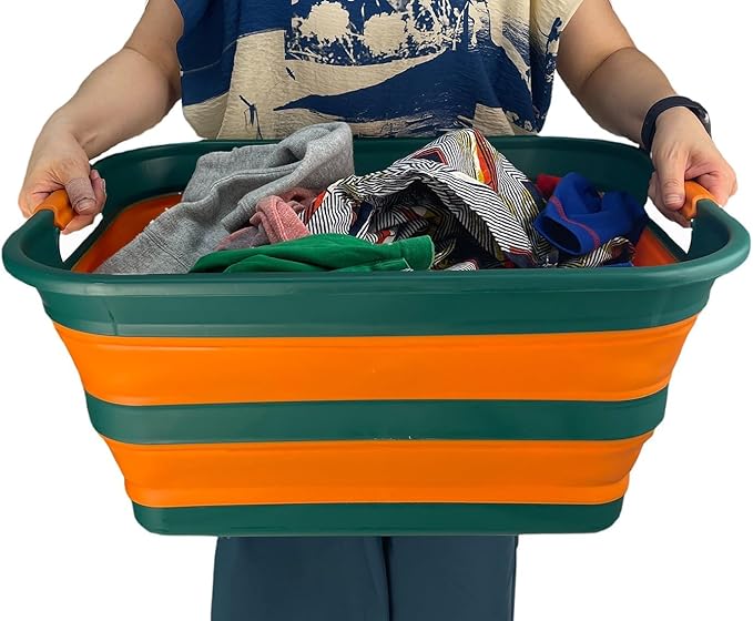 SAMMART Collapsible Plastic Laundry Basket with Handle/Foldable Pop Up Storage Hamper/Portable Laundry Organizer-Space Saving Washing Tub/Household Storage (Teal Green/Autumn leaf, 42L)