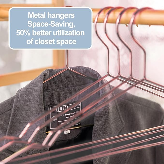 20 Pack Rose Gold Metal Hangers with Notches for Standard Suits Hangers for Shirts, Coats, Pants, Heavy-Duty & Space-Saving