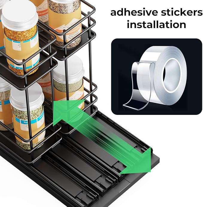 Pull Out Spice Rack Organizer for Cabinet, Slide Out Spice Racks, Easy to Install Spice Cabinet Organizers, 5.28" Wx10.43 Dx8.26 H, 2 Drawers 2 Tiers(Black)