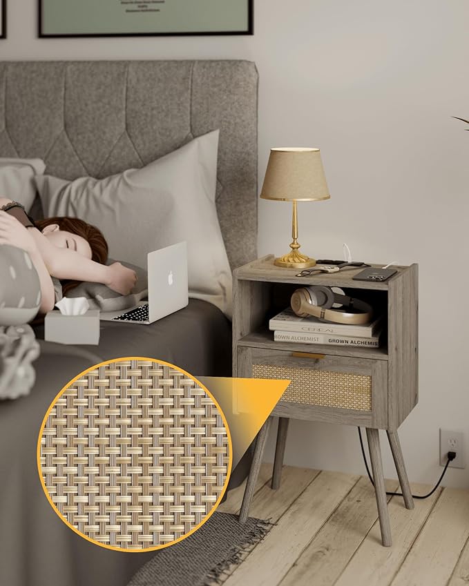 Veegle Rattan Nightstand with Outlet,Modern Bedside Table with Storage Drawer and Open Wood Shelf, for Living Room, Bedroom and Small Spaces, Accent Night Stand with Solid Wood Legs,Grey Oak