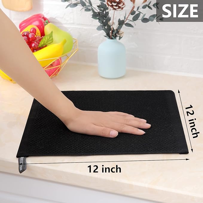 Homaxy 100% Cotton Waffle Weave Kitchen Dish Cloths, Ultra Soft Absorbent Quick Drying Dish Towels, 12 x 12 Inches, 8-Pack, Black