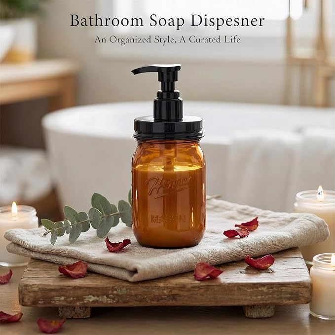 Amolliar Plastic Mason Jar Soap Dispenser with Pump Lid,16OZ Refillable Hand Soap Dispenser Set with Cute Lables - Farmhouse Decor for Kitchen Bathroom, Liquid Soap, Dish Soap, Lotion (2 Pack, Amber)