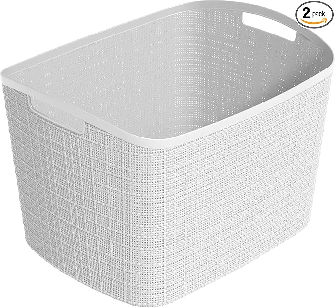 Curver Set of 2 XL 30.5L Jute Decorative Plastic Organization and Storage Baskets - Perfect Bins for Home Office, Closet Shelves, Kitchen Pantry and All Bedroom Essentials, White