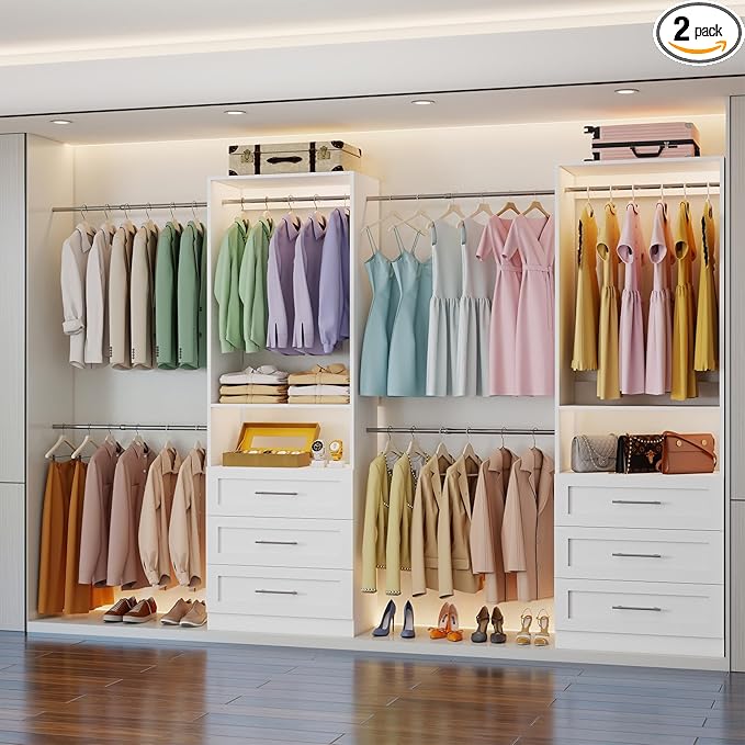 Closet System with 6 Drawers, 4FT-15FT Closet Organizer System with 10 Adjustable Hanging Rods & 2 Shelves, Modular Closet Systems Kit for Walk-In Closets, 2 Sets, White