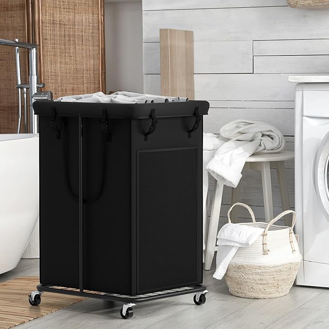 Laundry Basket 155L, Oxford Fabric Laundry Hampers, Metal Frame and Removable Bag Design with Wheels, Suitable for Bedroom, Bathroom, Dorm Room, Laundry Room (Pure Black)