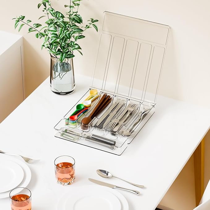 Yieach Clear Silverware Organizer with Lid - 12 inch Wide - Large Silverware Drawer Organizer & Tray and Utensil Drawer Organizers with Lid,BPA Free Plastic Flatware Drawers Organizers for Fork,Spoon