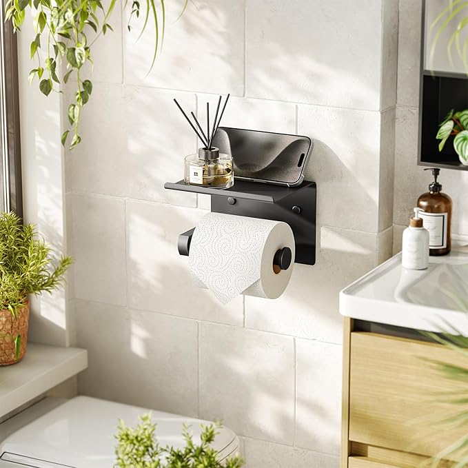 Tindbea Toilet Paper Holder with Phone Shelf, Adhesive or Screw Wall Mount Toilet Tissue Roll Holder, Rustproof & Multifunctional Stainless Steel Bathroom Storage Dispenser (Matte Black)