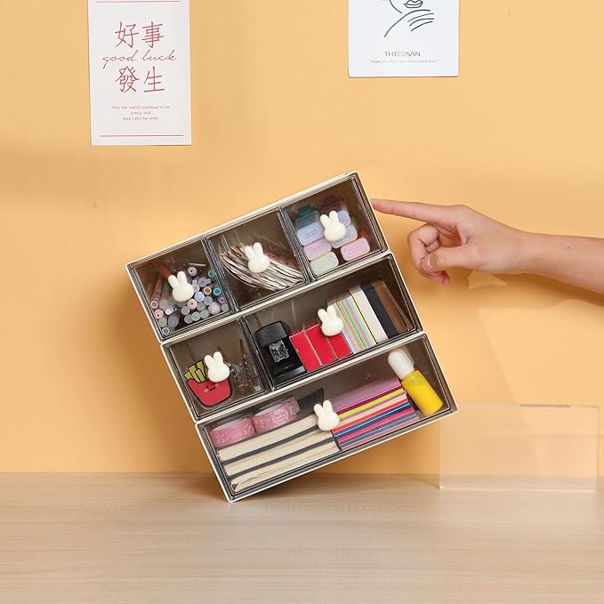 Desktop Storage Drawers, Plastic Desk Organizer with 3 Drawers, Modular Stackable Toolbox Units for Office Stationary, Makeup Container, Bathroom Countertop (1 Tall Layer, Cream & Clear)