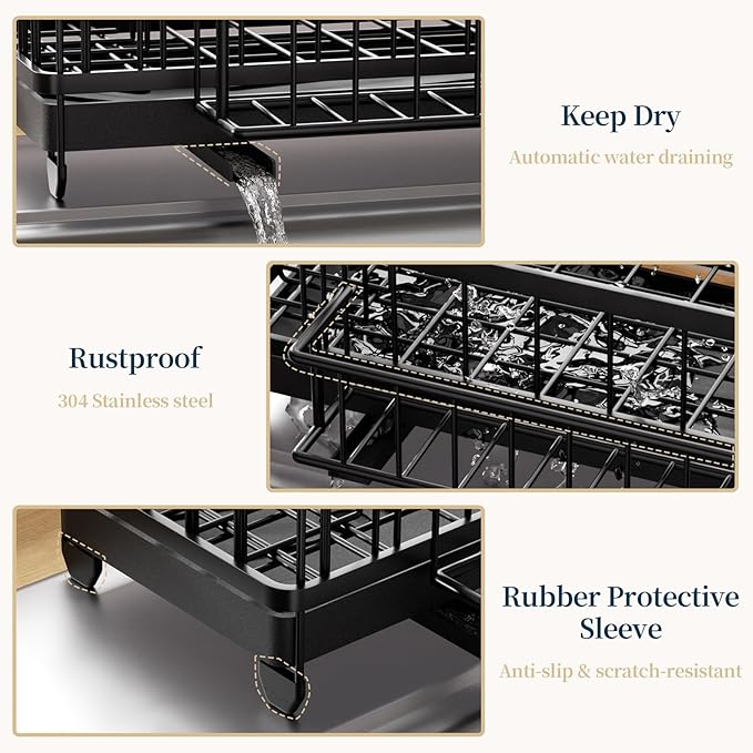 Consuemst Sponge Holder for Kitchen Sink - Auto Draining Sink Caddy Organizer with Detachable Rack, High Brush Holder, Kitchen Countertop Storage Accessories, Black