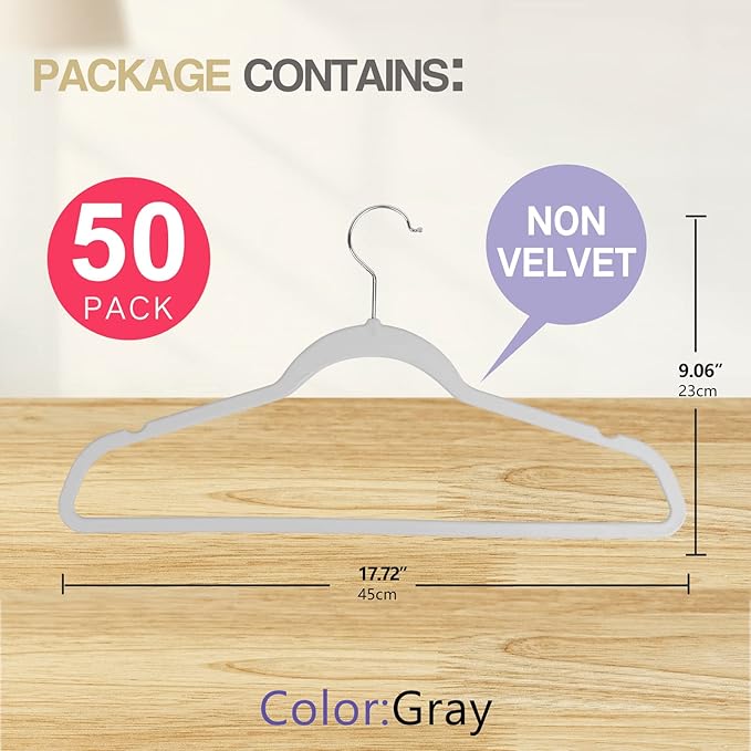50 Pack Ultra-Thin Plastic Clothes Hangers (17.7 Inch) - Space-Saving Slim Hangers with Non-Slip Grooves for Wardrobe, Closet & Dorm Organization (Grey)