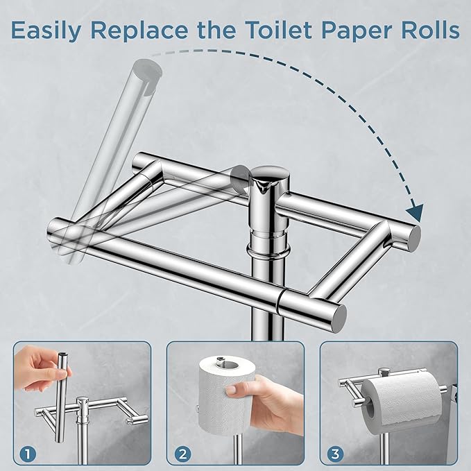 Toilet Paper Holder Stand Adjustable, Freestanding Tissue Roll Holder for Bathroom, Pivoting Design, Durable SUS 304 Stainless Steel and Weighted Base Toilet Paper Stand, Storage (Chrome)