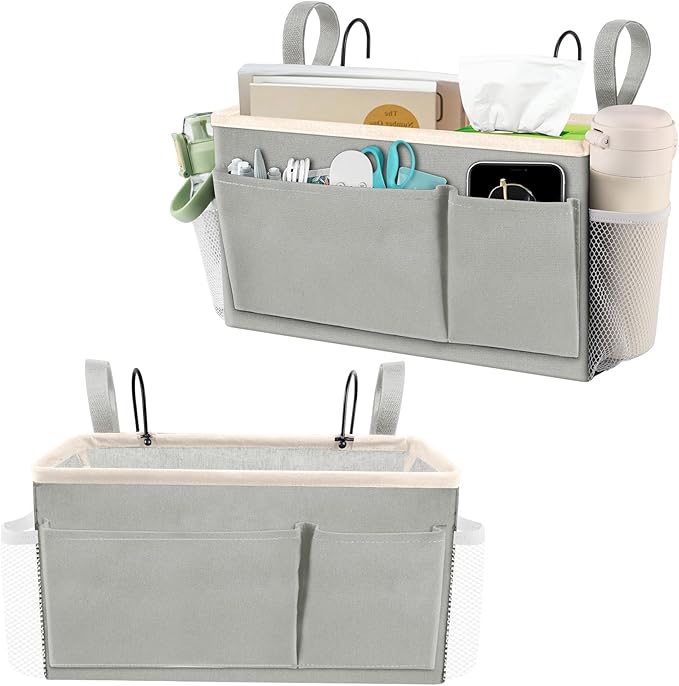 BlissTotes Bedside Caddy, Bedside Storage Organizer for Bunk Bed Accessories, Dorm Storage for Bedside Shelf and Bunk Bed Shelf, Bed Caddy for Home, Dorm, Bunk (Light Gray, 2 Pack)