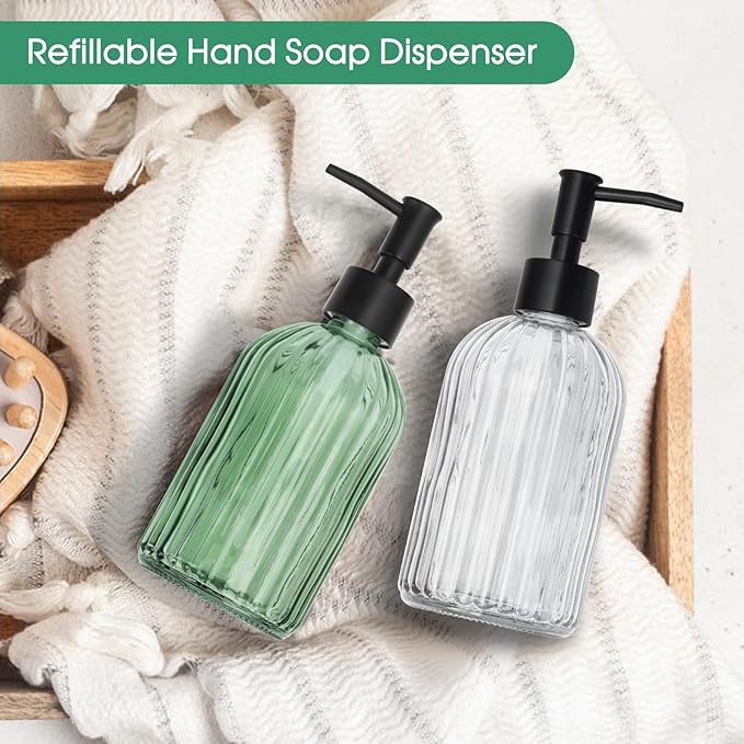 Topsky 2 Pack Glass Soap Dispenser with Black Plastic Pump, 400ml Liquid Hand Soap Dispenser, Rustproof Pump for Kitchen & Bathroom, Great for Lotions, Essential Oil, Liquid Soaps-Clear & Green
