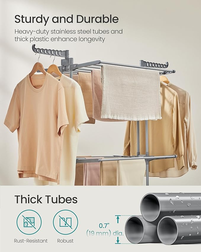 SONGMICS Clothes Drying Rack 3-Tier, Foldable Laundry Drying Rack 58.3-Inch Tall, Stainless Steel, Rolling Clothes Horses, Clothes Airer, Indoor Outdoor Use, Dove Gray ULLR702G01